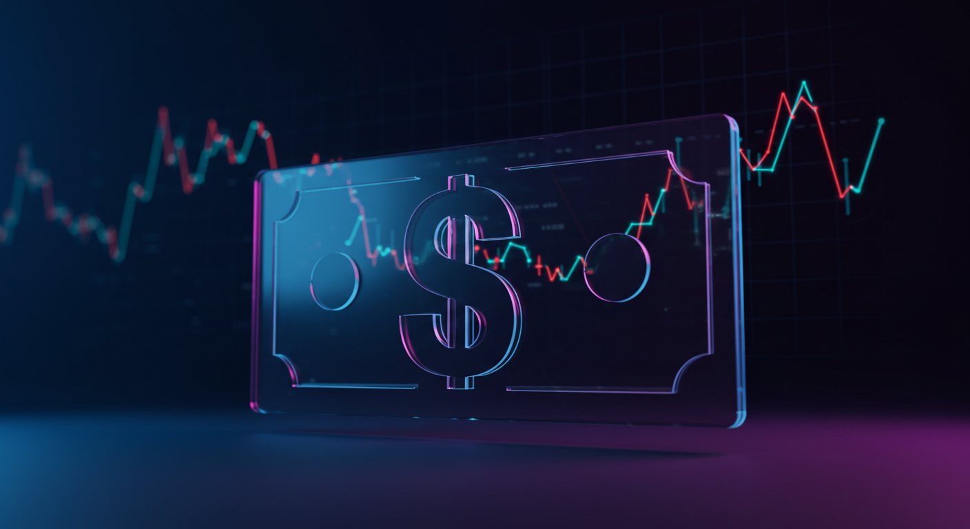 Neon-lit glass dollar sign on a panel with colorful stock price charts behind it.