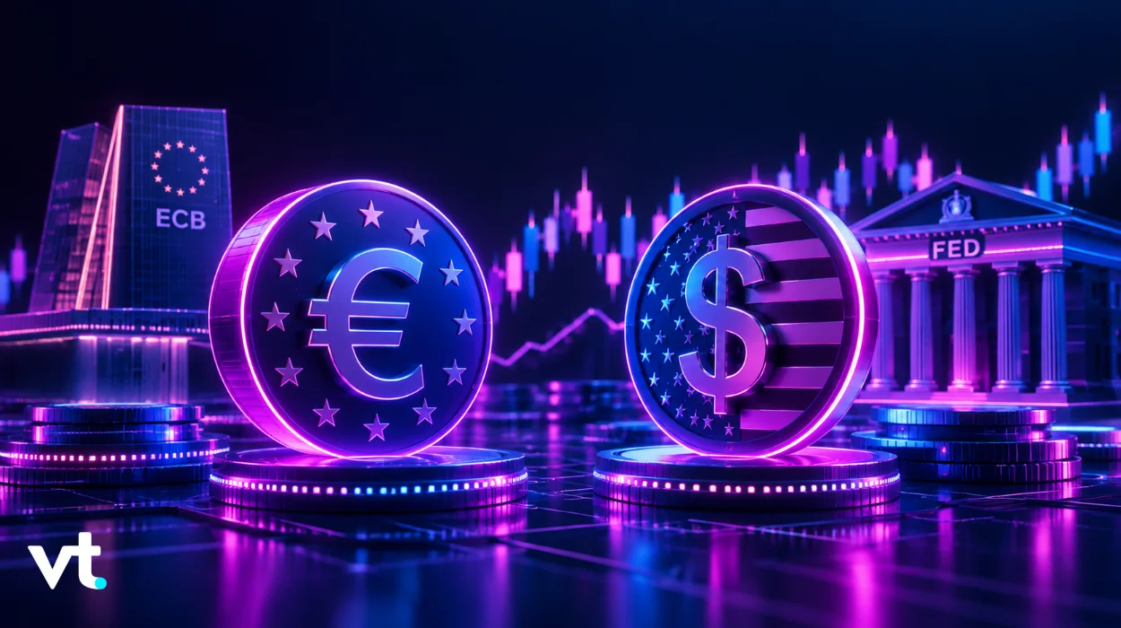 Neon-lit euro and US dollar coins on glowing platforms with EU stars and US flag motif, FED building in the background.