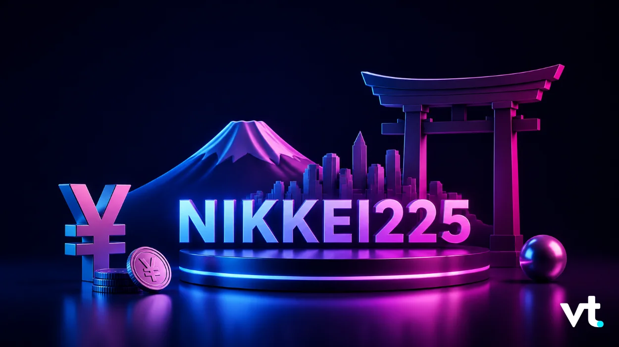 Nikkei 225 Logo on a neon stage with Mt. Fuji, a Torii gate, and yen coins in a futuristic Tokyo-inspired scene (vt logo bottom right).