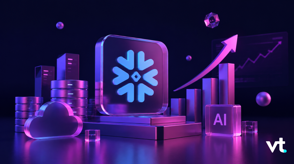 Neon purple-blue data analytics scene featuring a Snowflake emblem on a glowing cube, cloud icon, server stacks, and a rising chart to imply AI-driven growth.